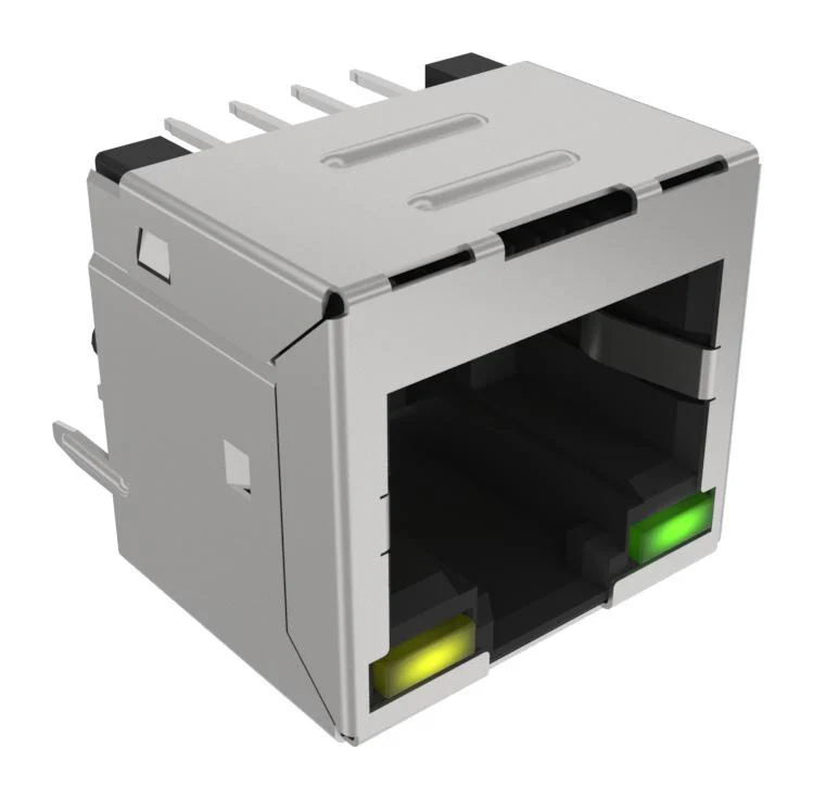 AMPHENOL COMMUNICATIONS SOLUTIONS RJE881881410 Modular Connector, Yellow, Green, RJ45 Jack, 1 x 1 (Port), 8P8C, Cat3, Cat5, Through Hole Mount