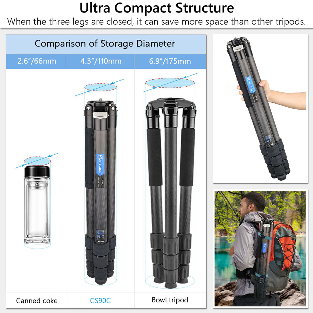 ARTCISE CS90C Carbon Fiber Tripod with Smartphone Holder (Black) - Image 6