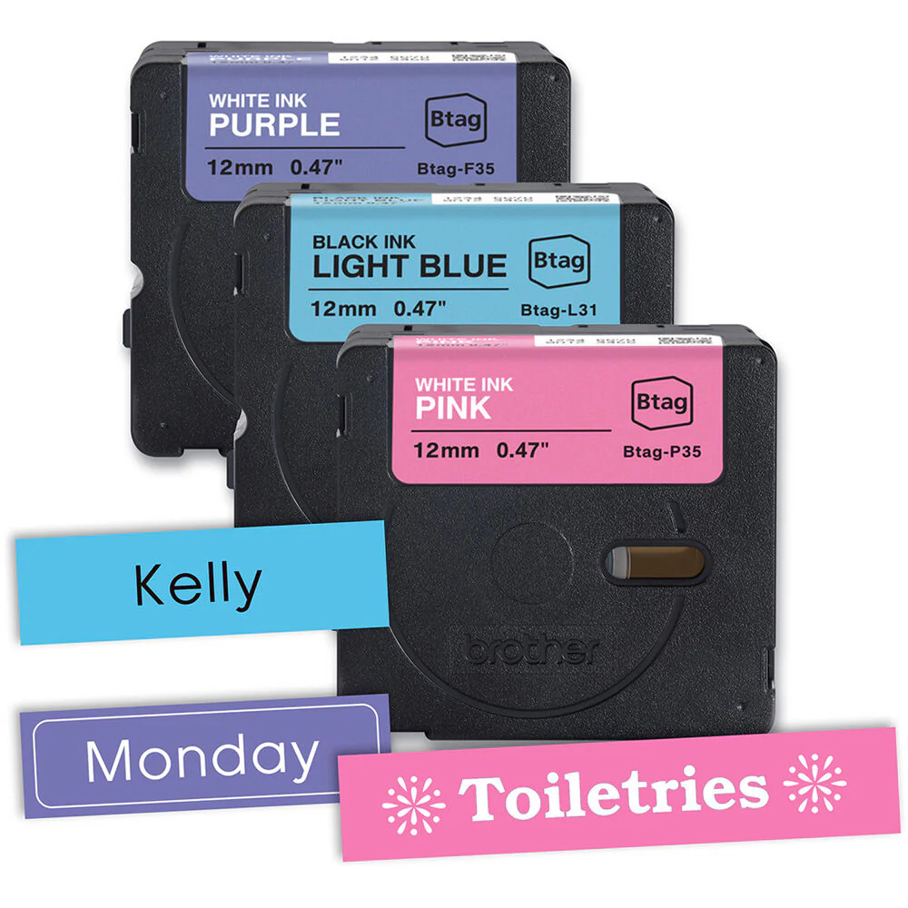 Brother Btag Label Tape for P-Touch PT-N10, PT-N20 & PT-N25BT (Set of 3, White/Purple, Black/Light Blue, White/Pink, 0.5" x 13.1') - Image 2