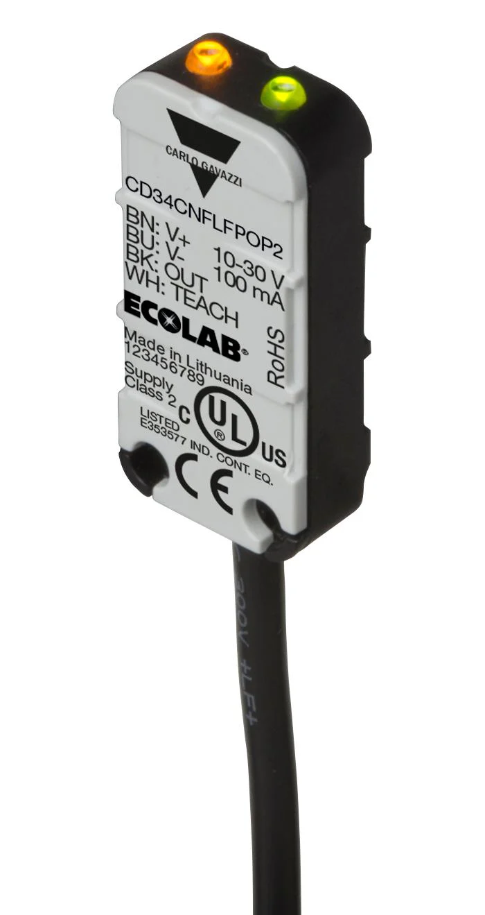 CARLO GAVAZZI CD34CNFLFNOP2 Capacitive sensor, Foreground Suppression, NPN, NO, 100 mA, 10 to 30V, 50ms, Flush Mount