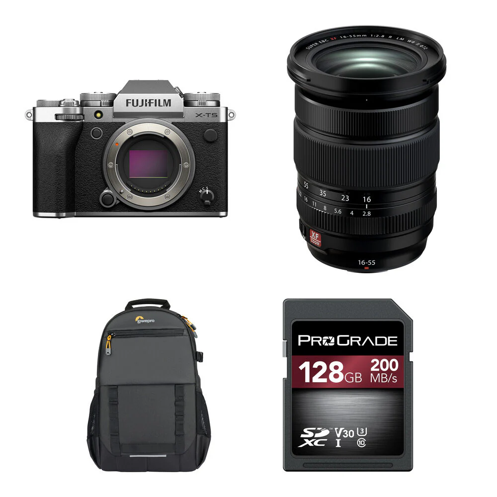 FUJIFILM X-T5 Mirrorless Camera with 16-55mm f/2.8 Lens and Basic Bundle (Silver)