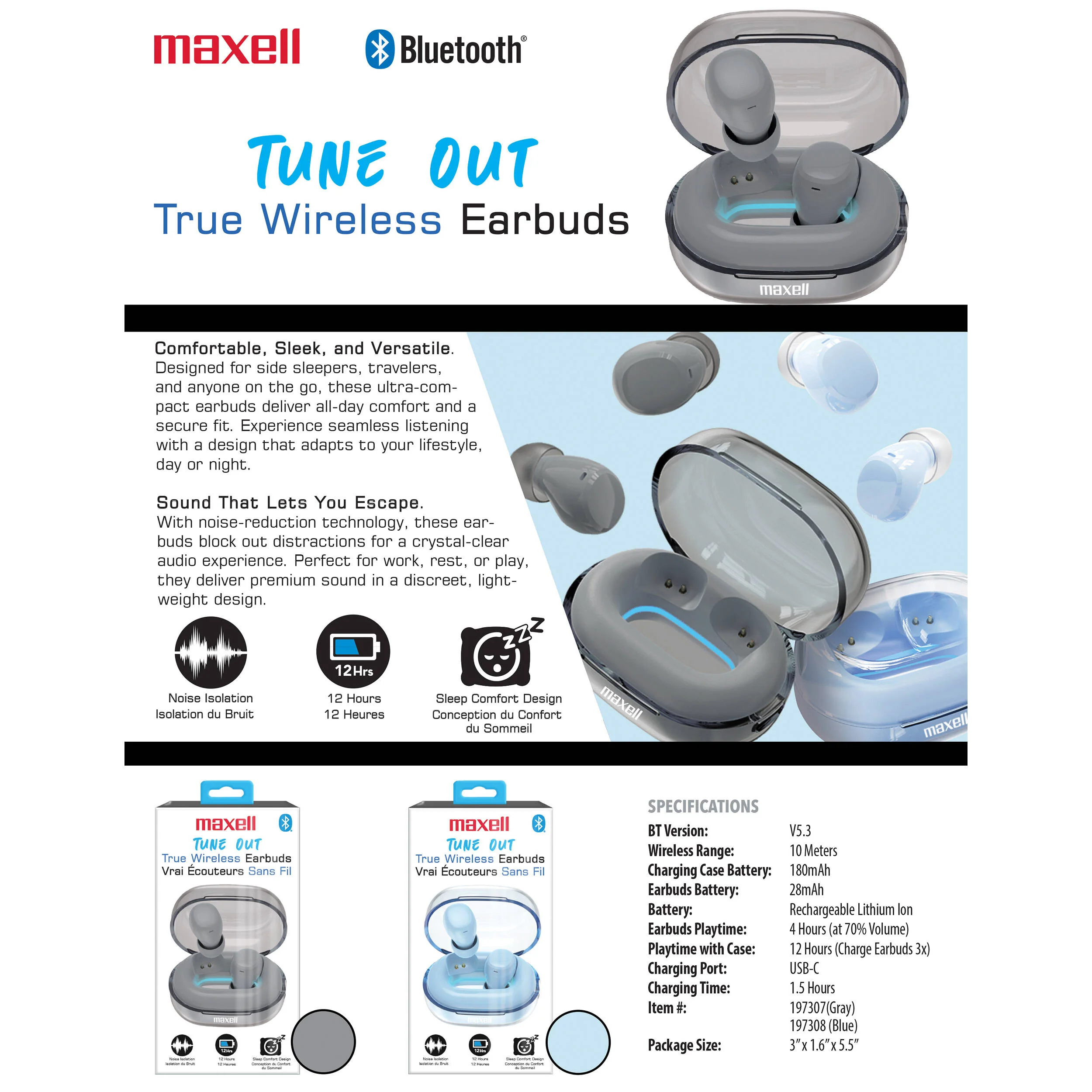 Maxell Tune Out True Wireless Earbuds with Sleep Comfort Design (Gray) - Image 4