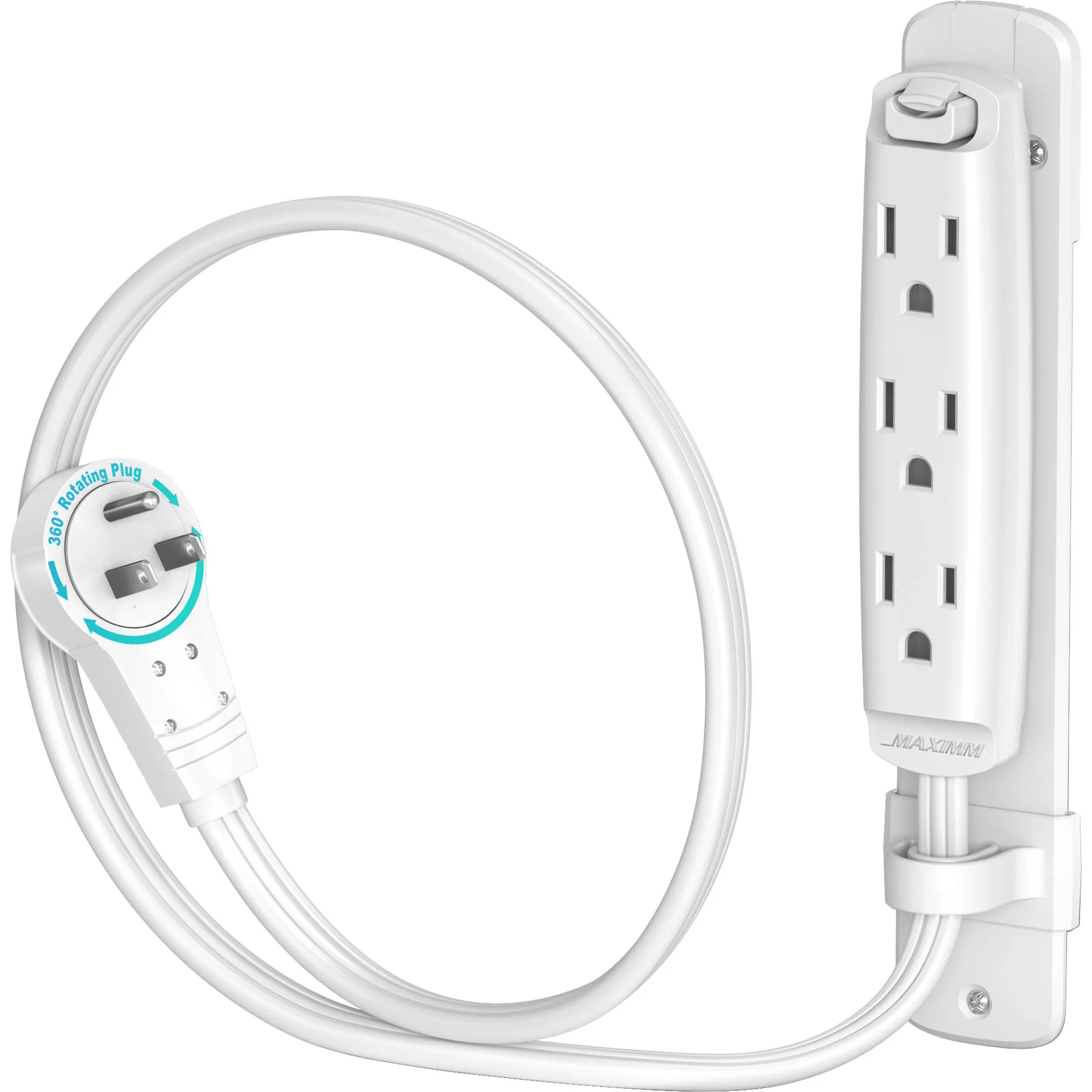 Maximm Cable 3-Outlet Power Extension Cord with 360° Rotating Flat Plug (White, 1')