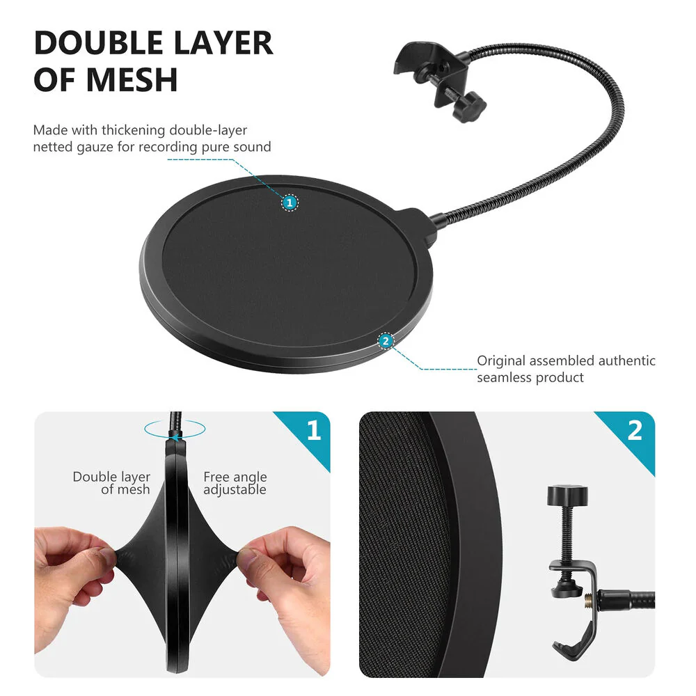 Neewer NWN3 Dual-Layer 6" Pop Filter/Shield with Gooseneck and C-Clamp (Black) - Image 3