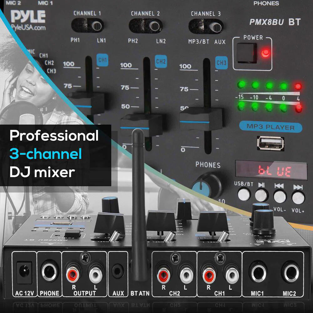 Pyle Pro PMX8BU Wireless 3-Channel DJ Mixer with Bluetooth - Image 4
