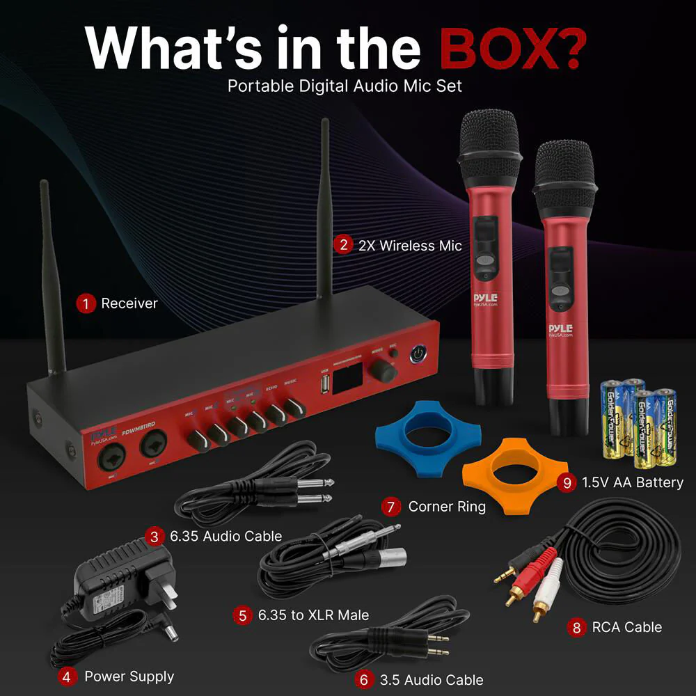 Pyle Pro UHF 2-Channel Wireless Handheld Microphone System with Bluetooth (510 to 590 MHz, Red) - Image 7