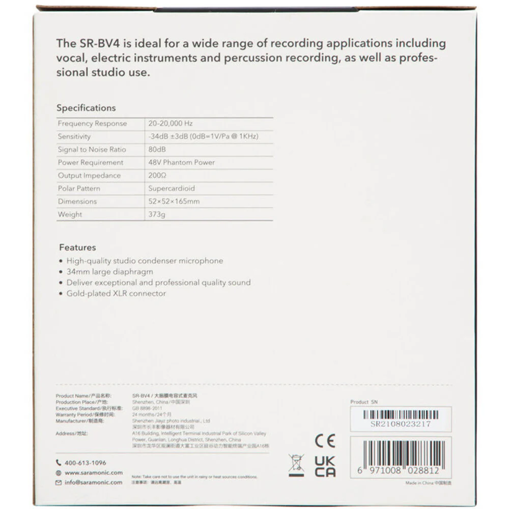 Saramonic SR-BV4 Supercardioid Large-Diaphragm Condenser Microphone with Shockmount & Pop Filter - Image 6