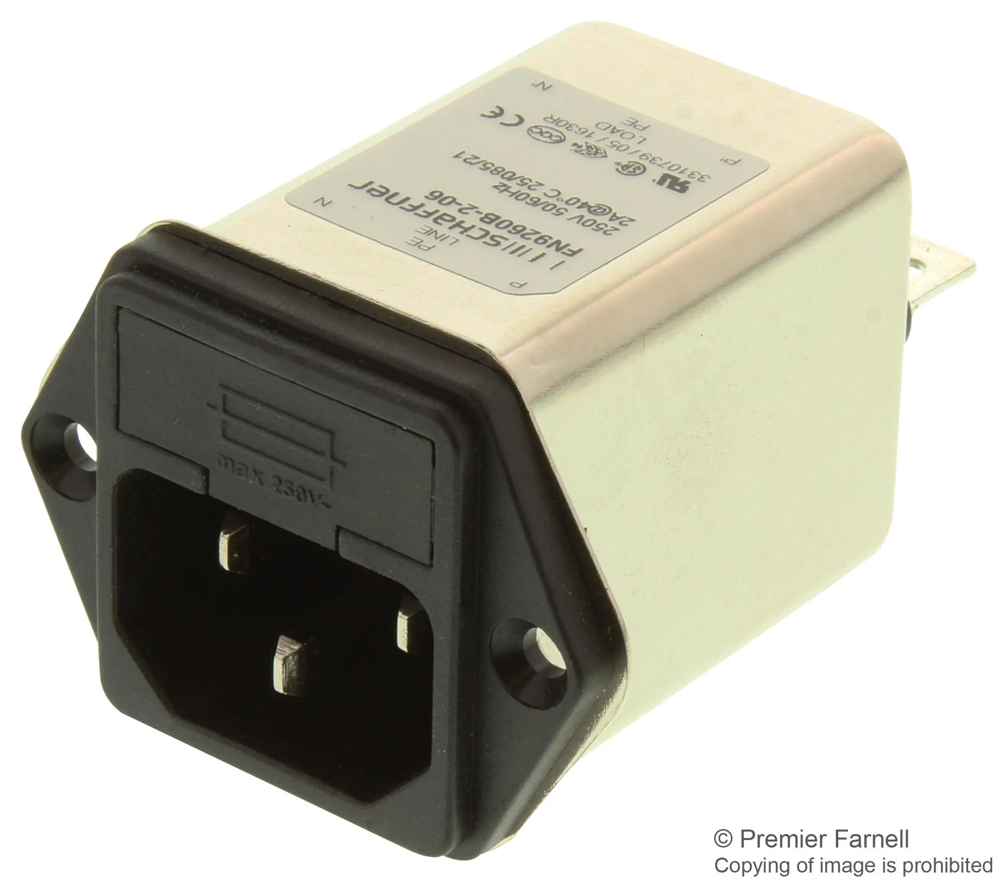 SCHAFFNER FN9260B-4-06 Power Entry Connector, FN9260B Series, Plug, 250 VAC, 4 A, Panel Mount, Solder