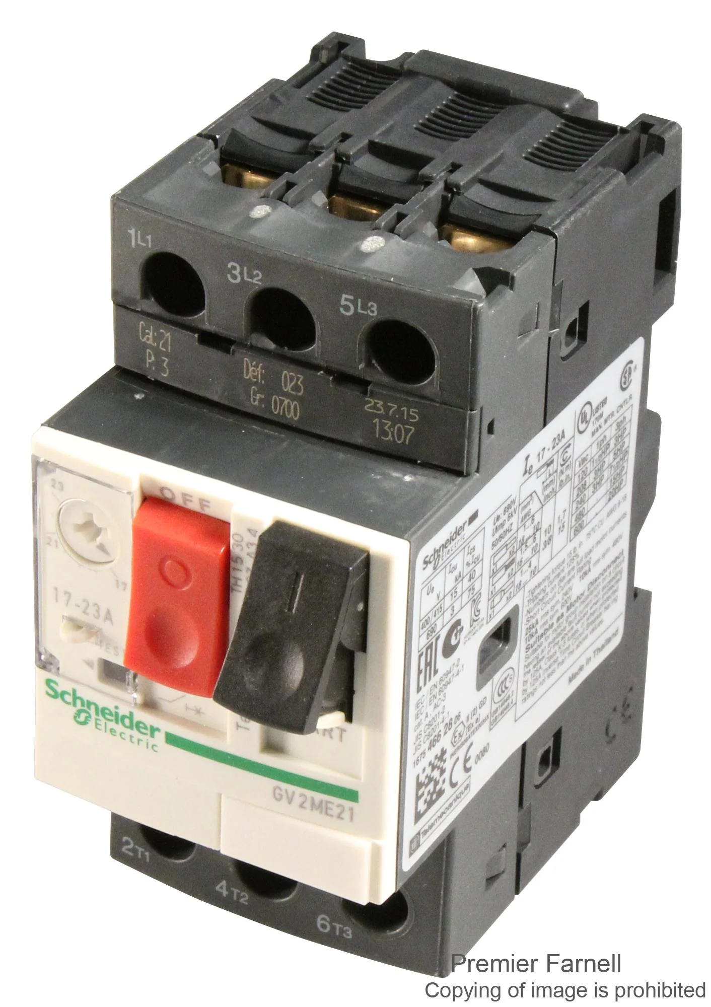 Schneider Electric GV2ME21 Thermal Magnetic Circuit Breaker Tesys GV2 Series 23 A 3 Pole 690 V DIN Rail Panel