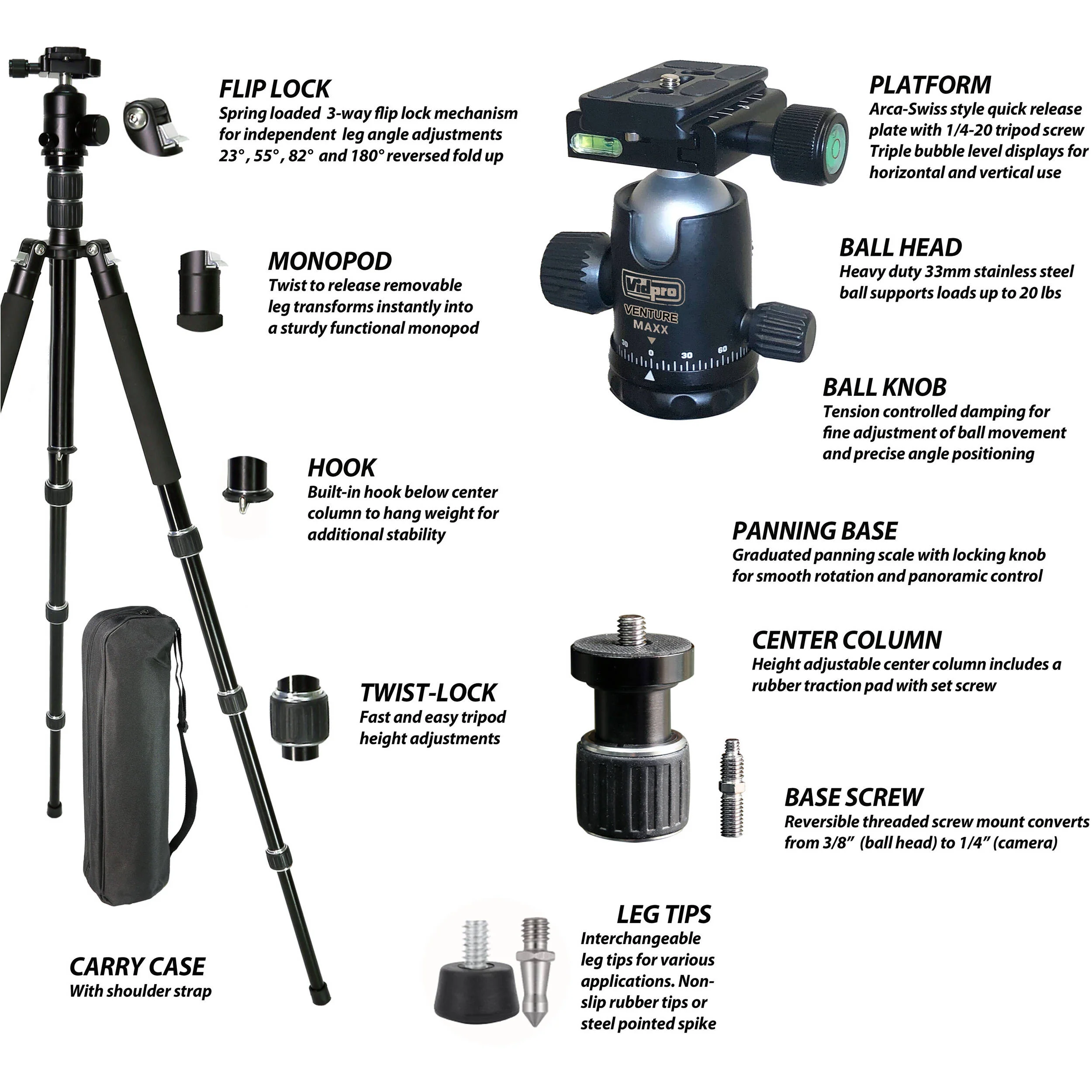 Vidpro AT-77 VentureMaxx Professional 77" Aluminum Travel Tripod with Ball Head - Image 5