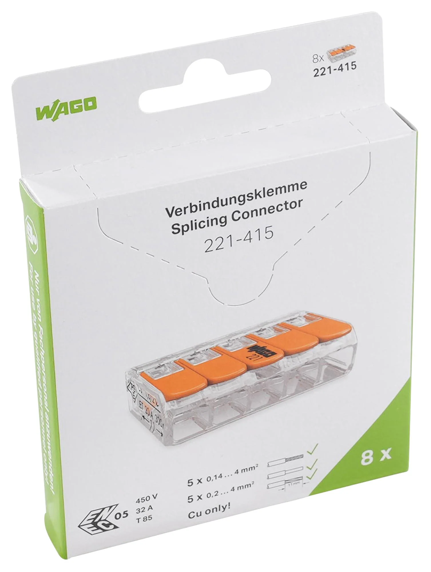 WAGO 221-415/995-008 Pluggable Terminal Block, 5 Ways, 24 AWG, 12 AWG, 4 mm², Push In Lock