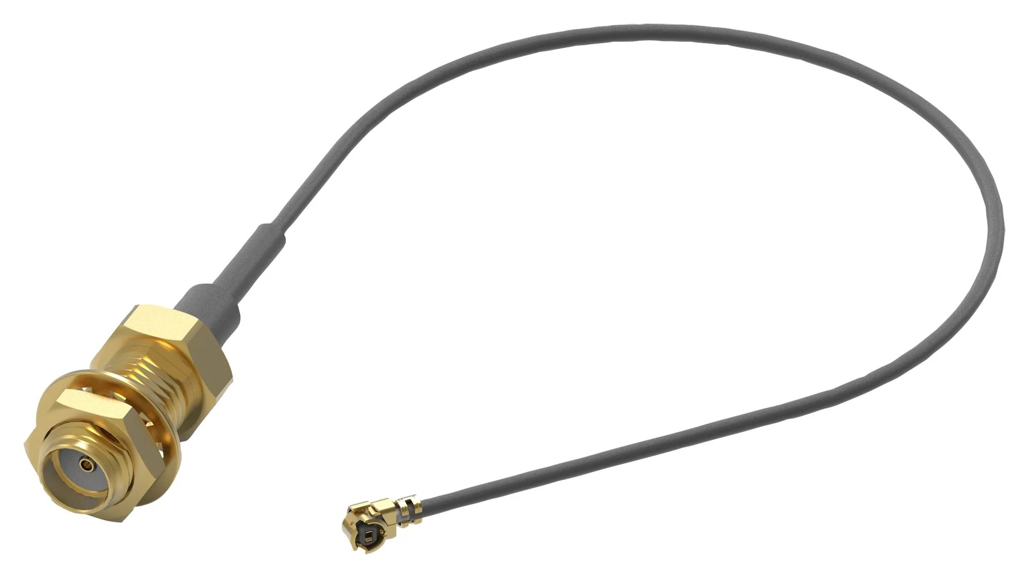 WURTH ELEKTRONIK 636207040200 RF / Coaxial Cable Assembly, SMA Bulkhead Jack to 90° UMRF Plug, 1.13mm, 50 ohm, 7.9 ", 200 mm